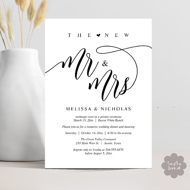 Invitación La nueva cena del Sr. y la Sra. Modern Wedding Par (The New Mr and Mrs, Modern Romantic Wedding Dinner Party Invites Minimalist Card PDF in Black White)
