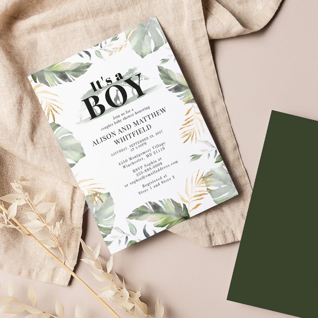 Invitación La palma botánica del Safari de la jungla deja Bab (Botanical Palm Leaves Couples Boy Baby Shower Invitation)