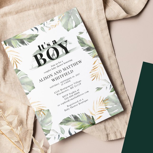 Invitación La palma de Safari Jungle deja a las parejas Baby  (Jungle Palm Leaves Couples Boy Baby Shower Invitation)