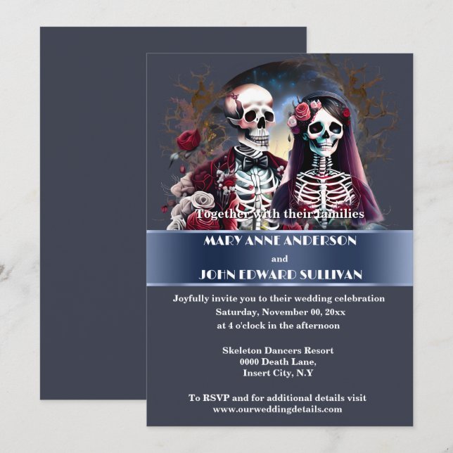 Invitación La pareja Skeleton burgundy boda gótico azul oscur (Anverso / Reverso)