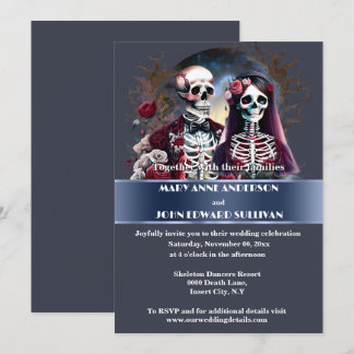 Invitación La pareja Skeleton burgundy boda gótico azul oscur