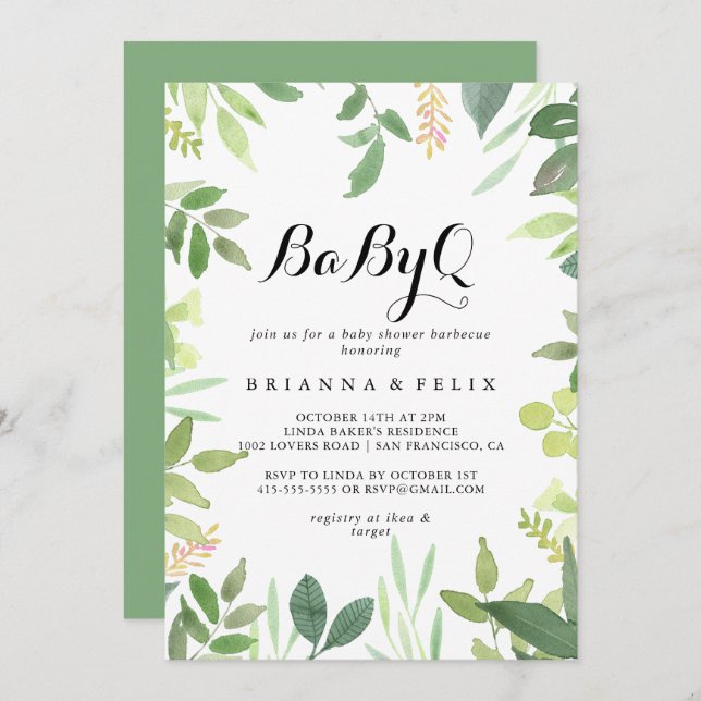 Invitación La parrillada de Baby Shower Bebé Botánico de Verd (Anverso / Reverso)