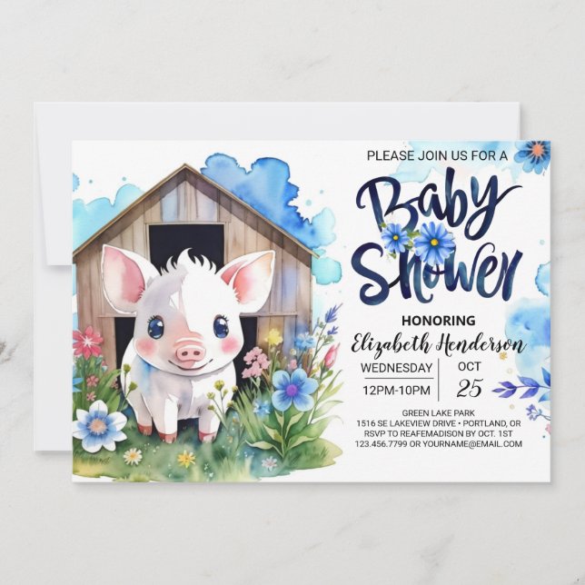 Invitación La peculiar granja Pig's Country Farm Blue Baby Sh (Anverso)