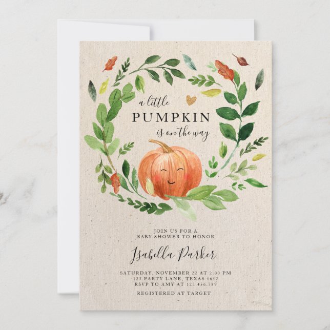Invitación La pequeña calabaza de Baby Shower cae en la veget (Anverso)