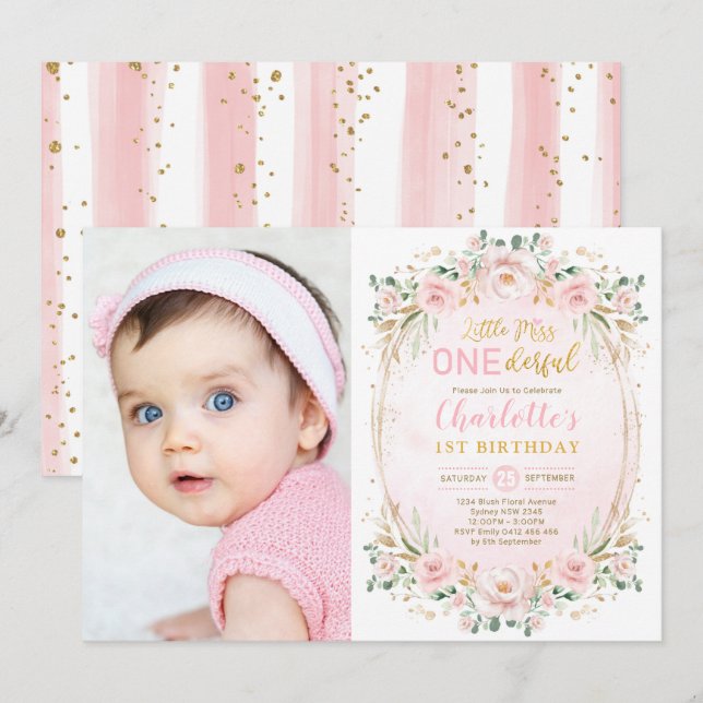 Invitación La pequeña Miss OneMaravillosa Fiesta de Oro Rosa (Anverso / Reverso)