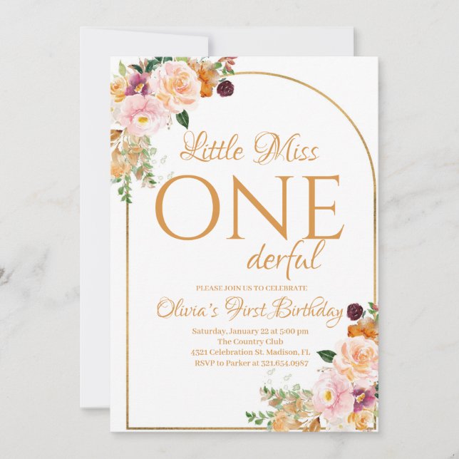 Invitación La Pequeña Miss Onemaravillosas Flores De Boho Cum (Anverso)