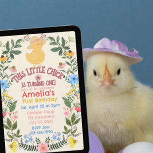 Invitación La pequeña pollita cumple uno, Cumpleaños floral 1