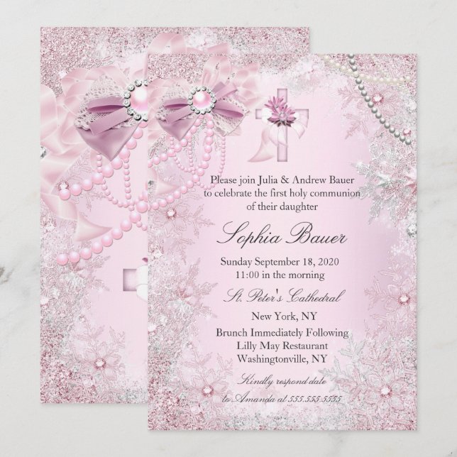 Invitación La Perla Rosa cruza la Santa Comunión o el Bautism (Anverso / Reverso)
