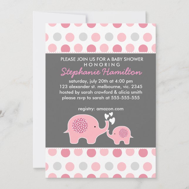 Invitación La Personalizado elefante polka hace una ducha de  (Anverso)