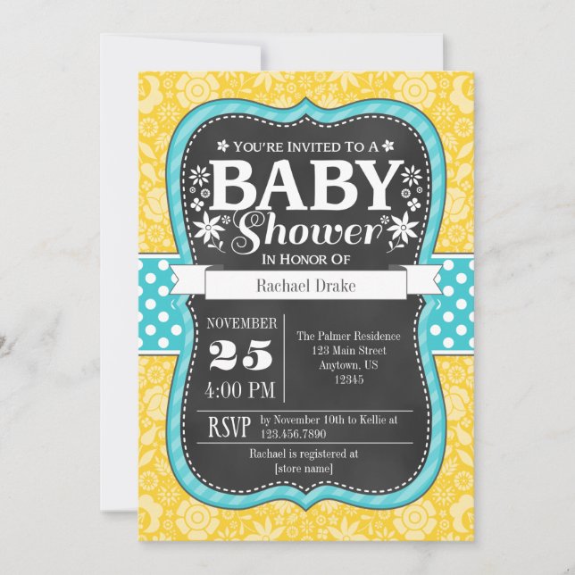 Invitación La pizarra verde azulada amarilla Baby Shower (Anverso)