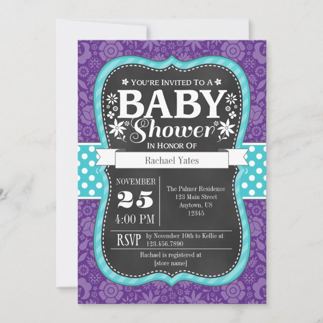 Invitación La pizarra verde azulada púrpura Baby Shower (Anverso)