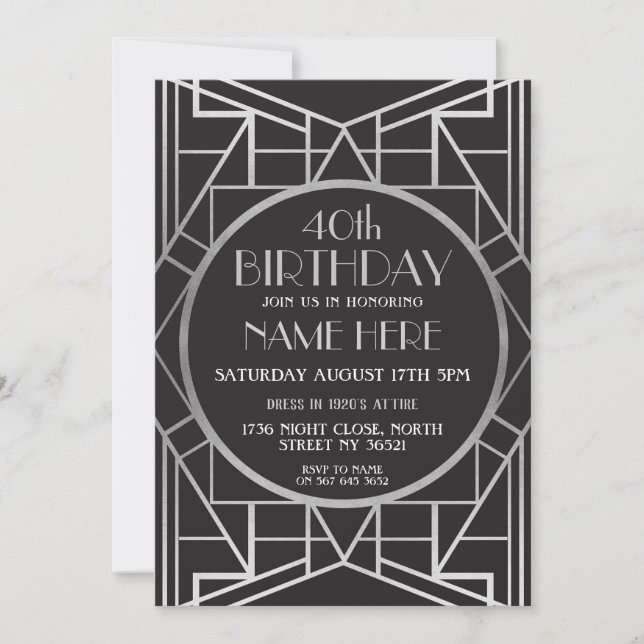 Invitación la plata de Gatsby del cumpleaños del art déco de (Anverso)