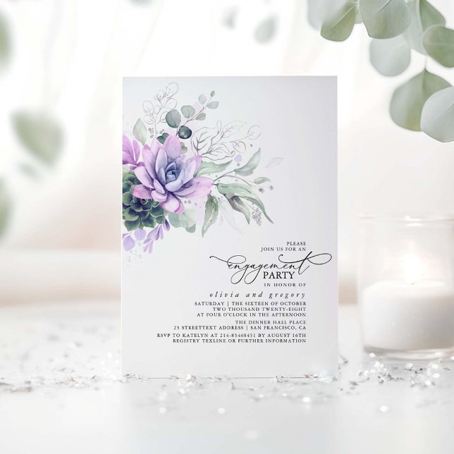 Invitación La plata de la vegetación exitosa deja al partido  (Silver and Purple Engagement Party Invitations featuring Watercolor Succulents Greenery)
