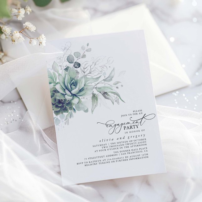 Invitación La plata de la vegetación exitosa deja al partido  (Succulents greenery and silver leaves elegant engagement party invitations)