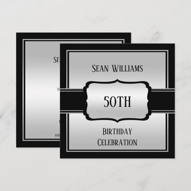 Invitación La plata y el negro del hombre elegante cumplen 50 (Anverso / Reverso)