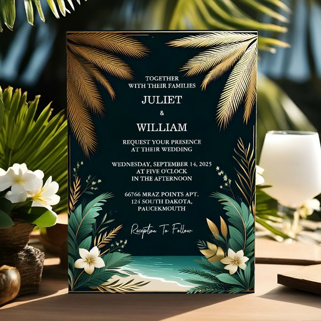 Invitación La Playa De Las Palmeras De Wreath, Verde Y Boda D (Subido por el creador)