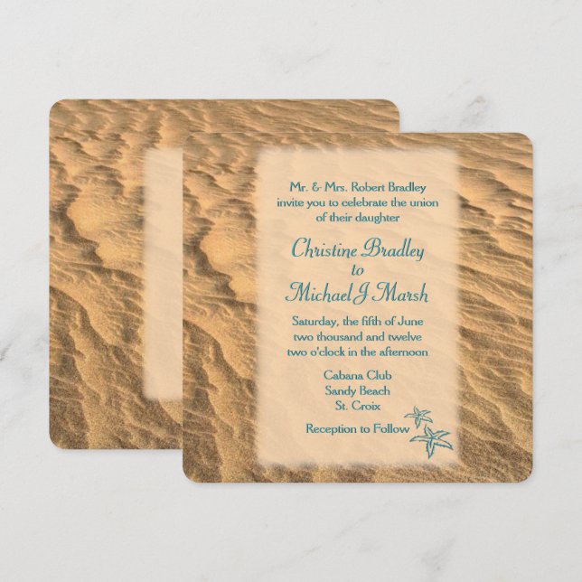 Invitación La playa de Starfish Verde azulada y Boda de arena (Anverso / Reverso)
