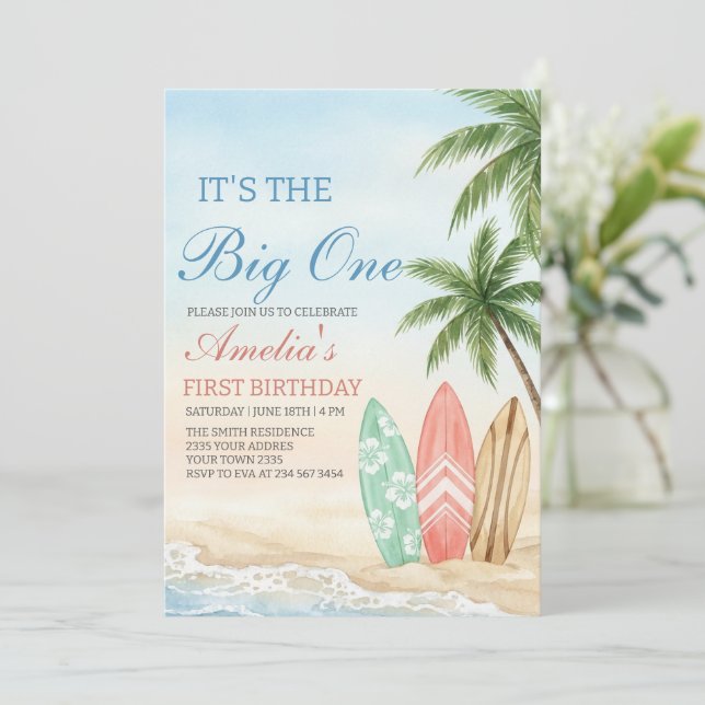 Invitación La Playa de The Big One Surf cumpleaños 1 (Anverso de pie)