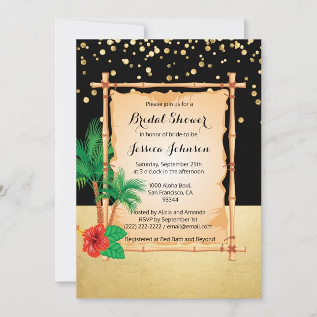 Invitación La playa tropical Luau Black Gold Ducha nupcial (Anverso)