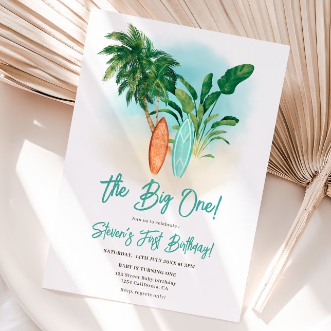 Invitación La playa tropical y el surf de un cumpleaños (Tropical beach surf board the big one birthday invitation)
