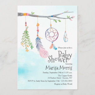 Invitación La pluma tribal Baby Shower de la acuarela de Boho