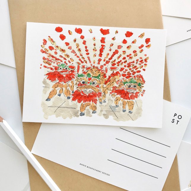 Invitación La postal china de la acuarela del Baile de León (Lion dance Chinese Lunar New Year watercolor postcard.)