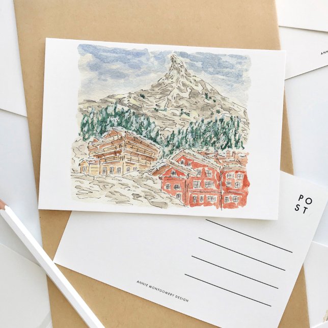Invitación La postal de acuarela de Matterhorn en los Alpes s (The Matterhorn Swiss Alps watercolor travel postcard.)