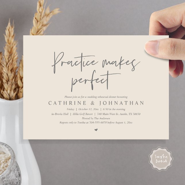 Invitación La práctica hace perfecto el ensayo Boda de la cen (Practice Makes Perfect, Wedding Rehearsal Dinner Invitation Card, PDF, Modern Casual, Grey Cream)