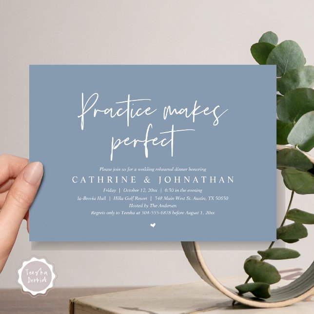Invitación La práctica hace perfecto el ensayo Boda de la cen (Practice Makes Perfect, Wedding Rehearsal Dinner Invitation Card, PDF, Modern Casual, Dusty Blue)