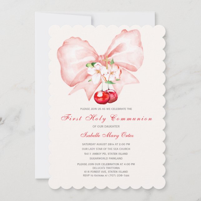 Invitación La primera cereza rosada de la comunión (Anverso)
