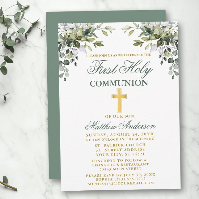 Invitación La primera comunión botánica Sage Green Gold (Customize to change text color, text style or color of back of card.)