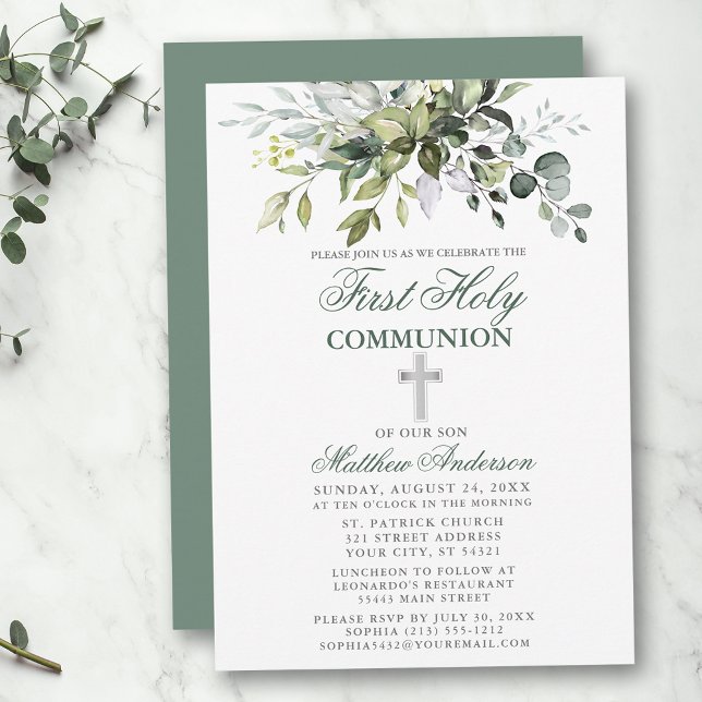 Invitación La primera comunión botánica Silver Sage Green (Customize to change text color,  size, style or to change color of back of card.)