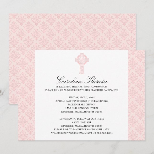 Invitación La primera comunión de la Cruz Celta de Damasco Ro (Anverso / Reverso)