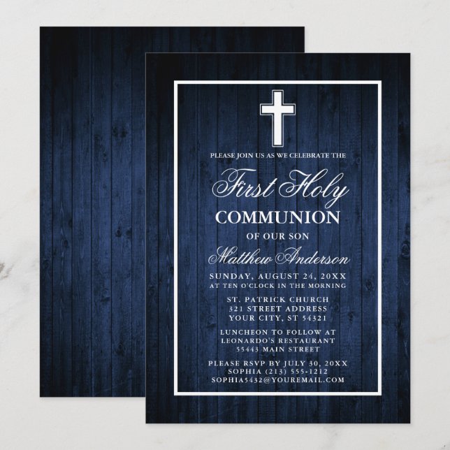 Invitación La Primera Comunión de la Madera Azul Rusa (Anverso / Reverso)