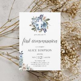 Invitación La primera comunión del Boho Dusty Blue Beige