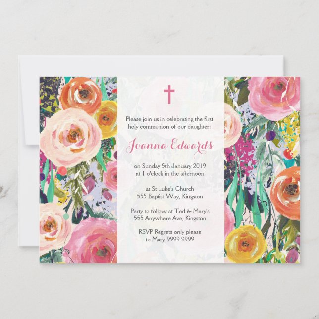 Invitación La primera comunión floral moderna personalizada (Anverso)