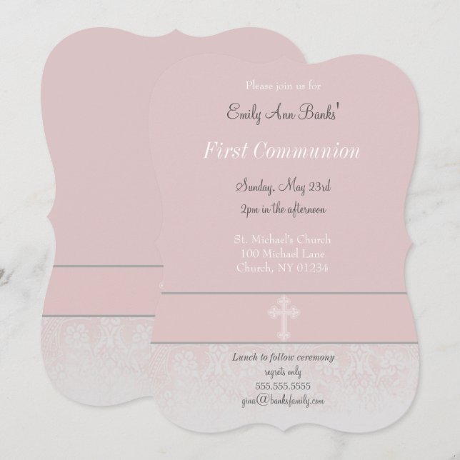 Invitación La primera comunión sagrada de Lace Rosa (Anverso / Reverso)