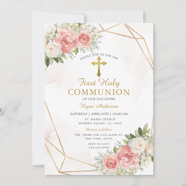 Invitación La primera comunión sagrada de las rosas rosadas g (Anverso)
