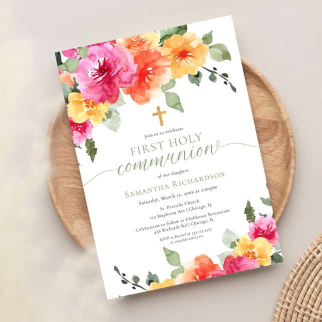 Invitación La primera comunión sagrada de naranjas rosados co (Subido por el creador)