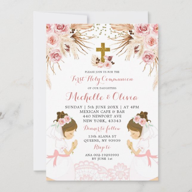 Invitación La primera comunión sagrada del Twin Rubor Pink Bo (Anverso)