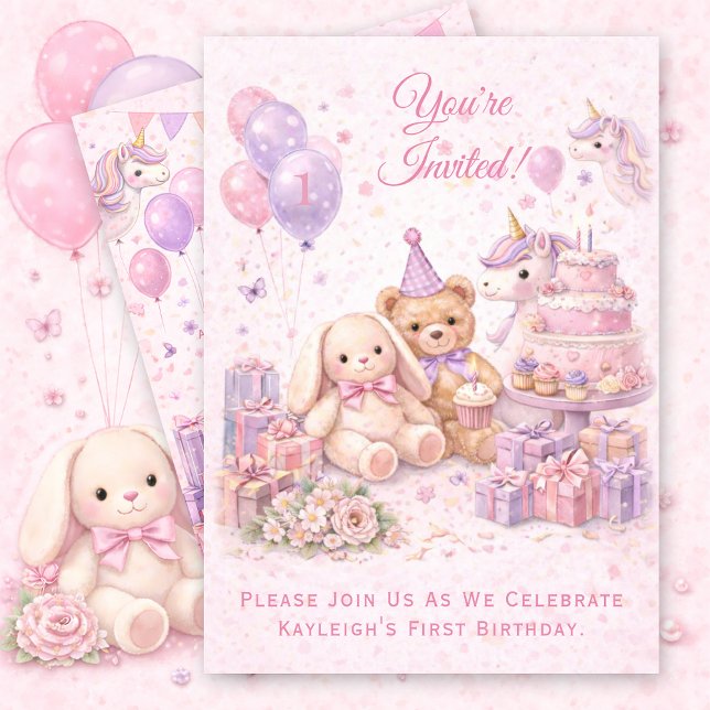 Invitación La primera fiesta de cumpleaños de la niña rosa | (Subido por el creador)