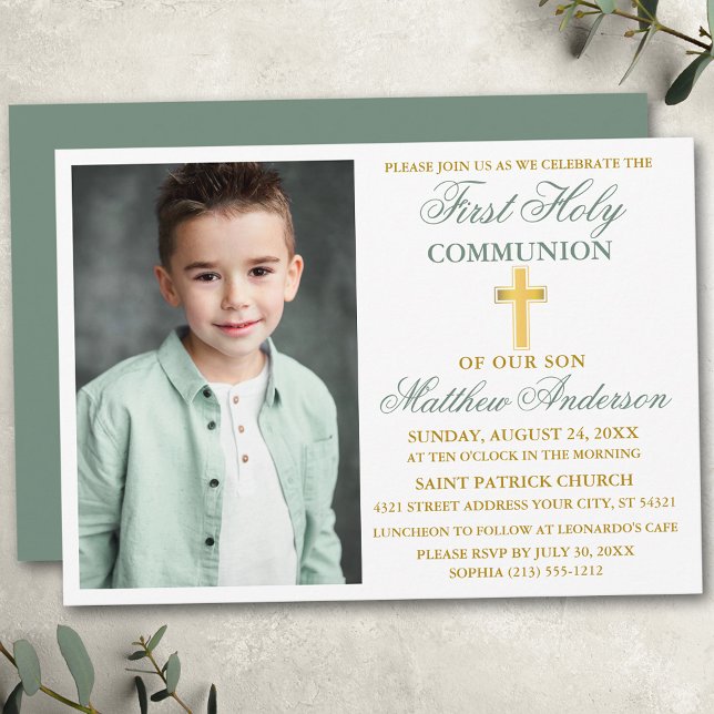 Invitación La primera foto de la Santa Comunión es Sage Green (Customize to change text color,  size, style or to change color of back of card.)