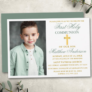 Invitación La primera foto de la Santa Comunión es Sage Green