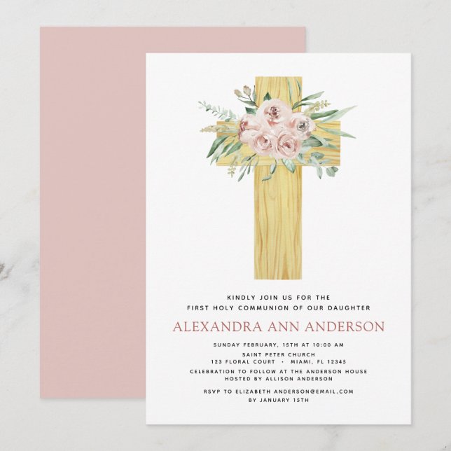 Invitación La primera vegetación Rosa de la comunión rosada d (Anverso / Reverso)