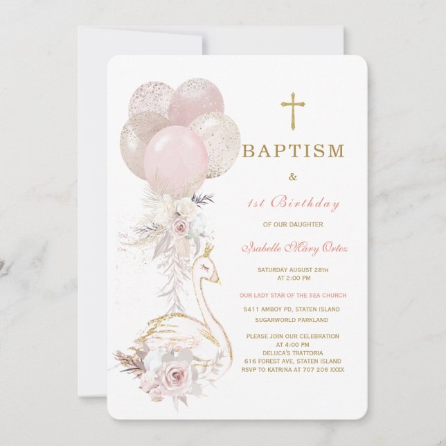 Invitación La princesa cisne bautizo y primer cumpleaños (Anverso)