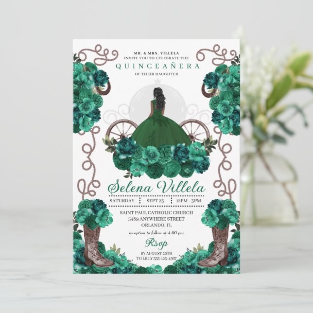Invitación La princesa de Charra Verde Cowgirl Boots Quinceañ (Anverso de pie)