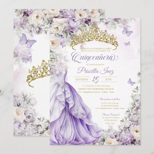 Invitación La princesa de las mariposas de lavanda y oro Quin (Anverso / Reverso)
