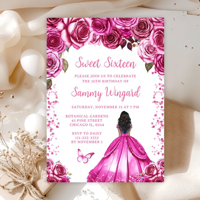 Invitación La princesa de piel oscura rosa de Fuchsia dulce d (Subido por el creador)