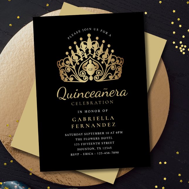 Invitación La princesa de Quinceanera Tiara corona el oro neg (Subido por el creador)