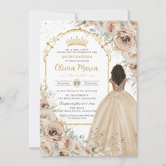 Invitación La princesa floral del champagne Beige Cream Quinc (Anverso)